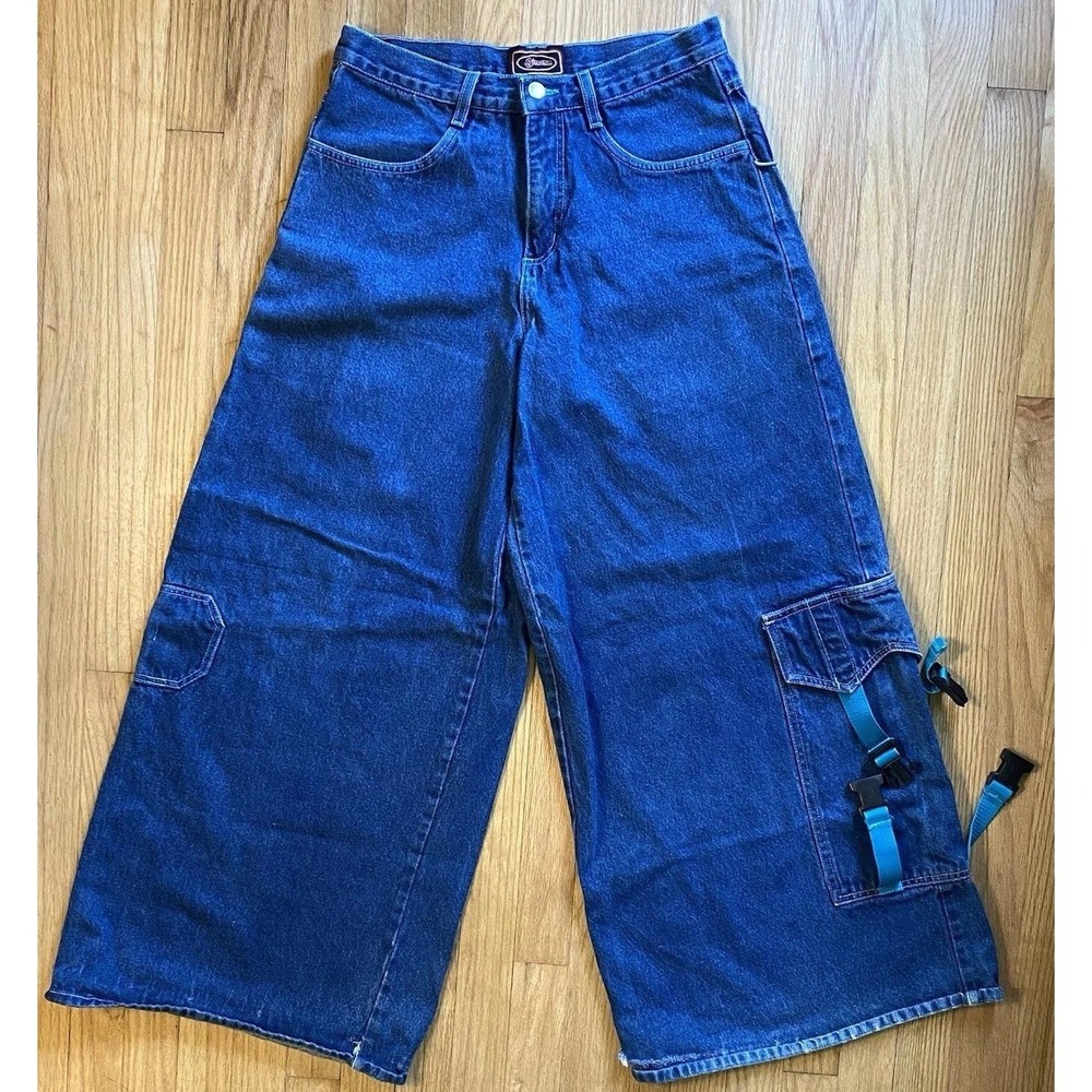 Vintage 90s Sinnamon Ultra Wide Leg Cargo Jeans Straps Y2K Rave Skate tag size 9